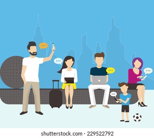 Group of people using smartphones, laptops and tablet pc. Flat vector illustration of modern men and  women sitting on the street and using mobile devices for chatting or sending email