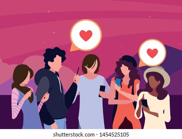group people using smartphopne social media