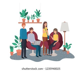 group of people using technology devices in livingroom