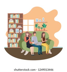 group of people using technology devices in livingroom