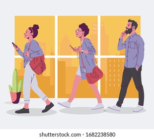 Grupo de personas que utilizan la ilustración del vector de su teléfono
