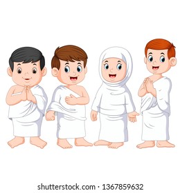 A group of people are using the white cloth for umrah