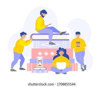 A group of people in various poses reads around a large stack of books. Vector flat style illustration on the topic of online education, training and courses. Learning concept.
