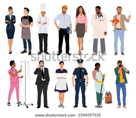 A group of people in various professions, including a chef, a doctor, a police officer, and a flight attendant