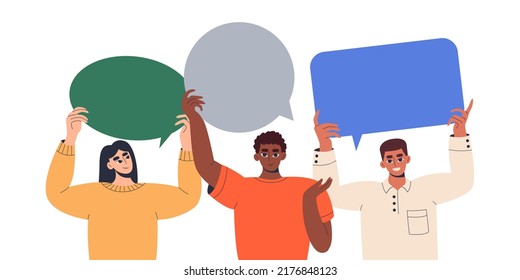 Group of people of various races are holding speech bubbles. Customer feedback, testimonial, online survey, communication, speech,chat. Social network dialogue. User satisfaction. Flat illustration.