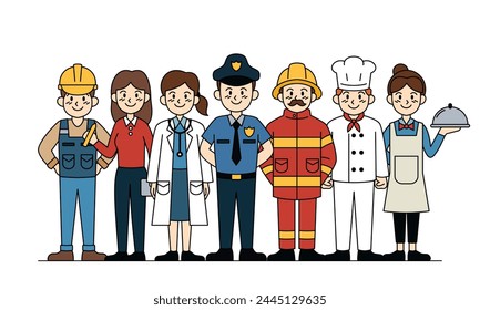 Un grupo de personas con varios uniformes de trabajo, incluyendo un oficial de policía, un bombero, un chef y un médico.