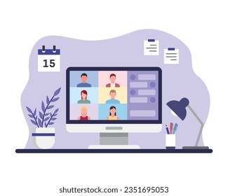 Group of people vector illustration. Video conference on isolated background. Chat sign concept.