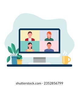 Group of people vector illustration. Video conference on isolated background. Chat sign concept.