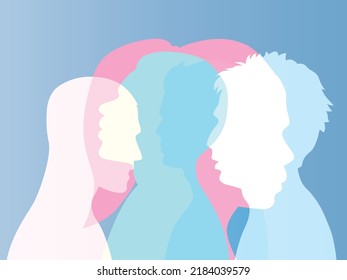 Group of people, vector silhouettes of faces of men and women, abstract portraits. Different races