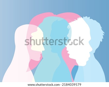 Group of people, vector silhouettes of faces of men and women, abstract portraits. Different races