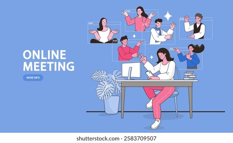 Group of people in video conference with colleagues. Teleconference for work from home concept. Video conferencing and online meeting workspace. vector, flat design, illustration