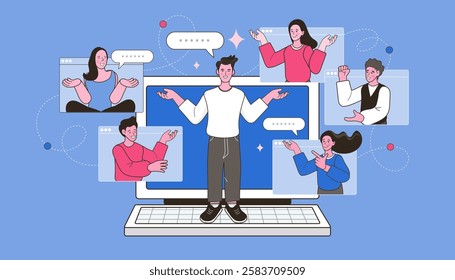 Group of people in video conference with colleagues. Teleconference for work from home concept. Video conferencing and online meeting workspace. vector, flat design, illustration