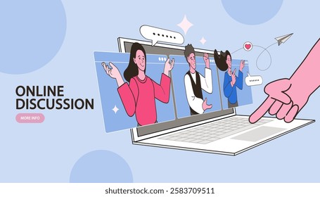 Group of people in video conference with colleagues. Teleconference for work from home concept. Video conferencing and online meeting workspace. vector, flat design, illustration