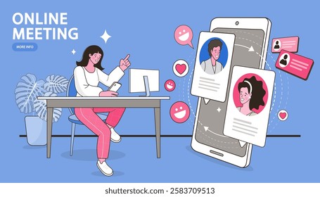 Group of people in video conference with colleagues. Teleconference for work from home concept. Video conferencing and online meeting workspace. vector, flat design, illustration