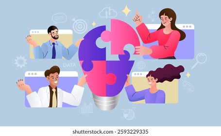 group of people  video conference with colleagues. Teleconference for work from home concept.  online meeting workspace. Teamwork brainstorming, light bulb an idea metaphor. vector, flat, illustration