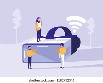 group of people with virtual reality glasses in landscape
