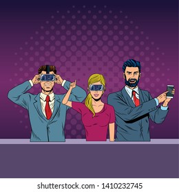 group of people with virtual reality headset and cellphone avatar cartoon character with pop art background vector illustration graphic design