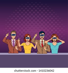 group of people with virtual reality headset avatar cartoon character with pop art background vector illustration graphic design