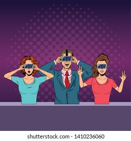 group of people with virtual reality headset avatar cartoon character with pop art background vector illustration graphic design