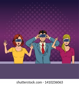 group of people with virtual reality headset avatar cartoon character with pop art background vector illustration graphic design