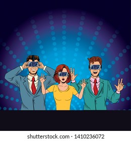 group of people with virtual reality headset avatar cartoon character with pop art background vector illustration graphic design