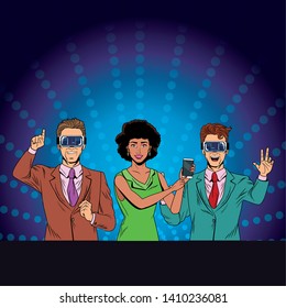 group of people with virtual reality headset and cellphone avatar cartoon character with pop art background vector illustration graphic design