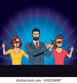 group of people with virtual reality headset and cellphone avatar cartoon character with pop art background vector illustration graphic design