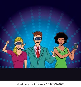 group of people with virtual reality headset and cellphone avatar cartoon character with pop art background vector illustration graphic design