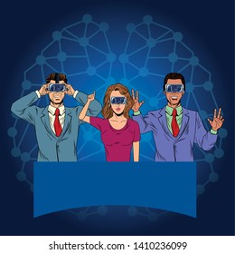 Group Of People With Virtual Reality Headset Avatar Cartoon Character With Neuronal Conection Background Vector Illustration Graphic Design