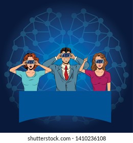 Group Of People With Virtual Reality Headset Avatar Cartoon Character With Neuronal Conection Background Vector Illustration Graphic Design