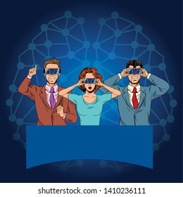 Group Of People With Virtual Reality Headset Avatar Cartoon Character With Neuronal Conection Background Vector Illustration Graphic Design