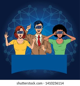 Group Of People With Virtual Reality Headset Avatar Cartoon Character With Neuronal Conection Background Vector Illustration Graphic Design