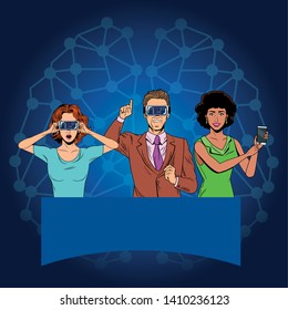 Group Of People With Virtual Reality Headset And Cellphone Avatar Cartoon Character With Neuronal Conection Background Vector Illustration Graphic Design