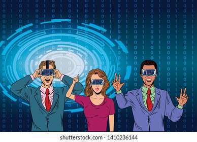 group of people with virtual reality headset avatar cartoon character with circular background and binary code vector illustration graphic design