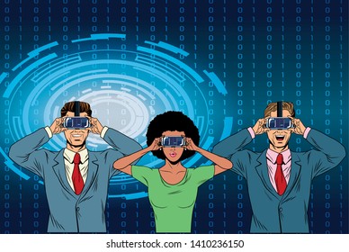group of people with virtual reality headset avatar cartoon character with circular background and binary code vector illustration graphic design