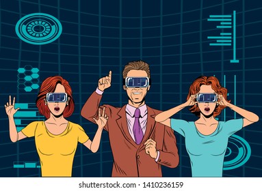 group of people with virtual reality headset avatar cartoon character with mesh background and stadistical graphics vector illustration graphic design