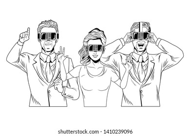 group of people with virtual reality headset avatar cartoon character black and white vector illustration graphic design