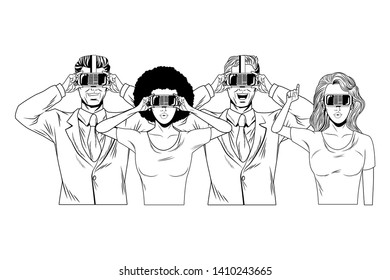 group of people with virtual reality headset avatar cartoon character black and white vector illustration graphic design