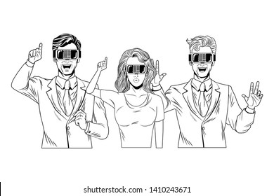 group of people with virtual reality headset avatar cartoon character black and white vector illustration graphic design