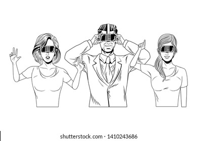 group of people with virtual reality headset avatar cartoon character black and white vector illustration graphic design