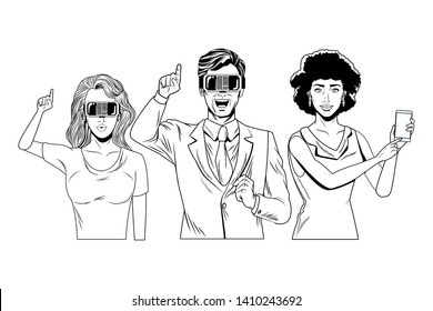 group of people with virtual reality headset and cellphone avatar cartoon character black and white vector illustration graphic design