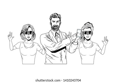 group of people with virtual reality headset and cellphone avatar cartoon character black and white vector illustration graphic design