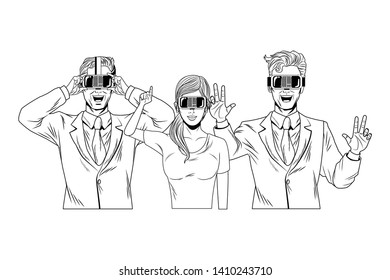 group of people with virtual reality headset avatar cartoon character black and white vector illustration graphic design