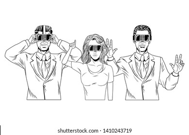 group of people with virtual reality headset avatar cartoon character black and white vector illustration graphic design