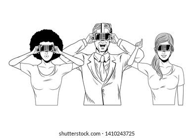 group of people with virtual reality headset avatar cartoon character black and white vector illustration graphic design