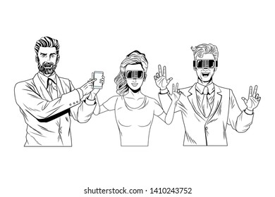 group of people with virtual reality headset and cellphone avatar cartoon character black and white vector illustration graphic design