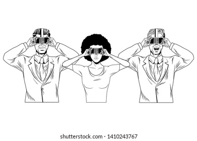 group of people with virtual reality headset avatar cartoon character black and white vector illustration graphic design
