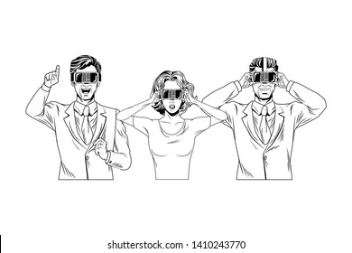 group of people with virtual reality headset avatar cartoon character black and white vector illustration graphic design
