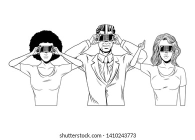 group of people with virtual reality headset avatar cartoon character black and white vector illustration graphic design
