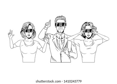 group of people with virtual reality headset avatar cartoon character black and white vector illustration graphic design